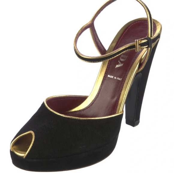 Prada Black Suede Slingback Peep Toe Platform Heels Size 5 - Picture 8 of 16